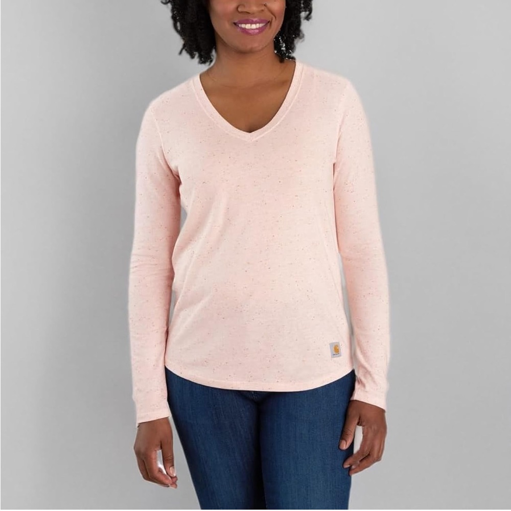 Carhartt Women's Relaxed Fit Midweight V Neck Shirt Pink Salt Size Medium